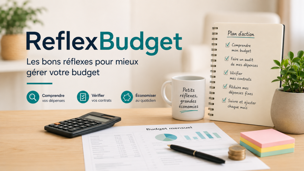 Visuel d’accueil de ReflexBudget montrant un bureau avec calculatrice, document de budget mensuel, carnet de plan d’action et conseils pour mieux gérer son budget